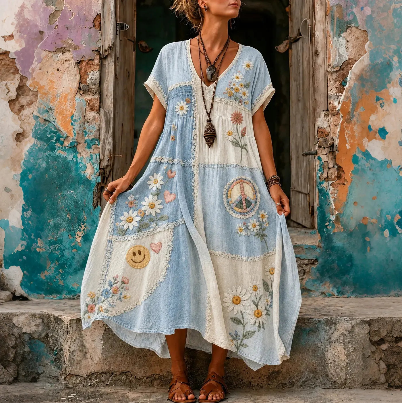 Women's Retro Hippie Peace Floral Embroidery Patchwork Casual Linen Long Dress