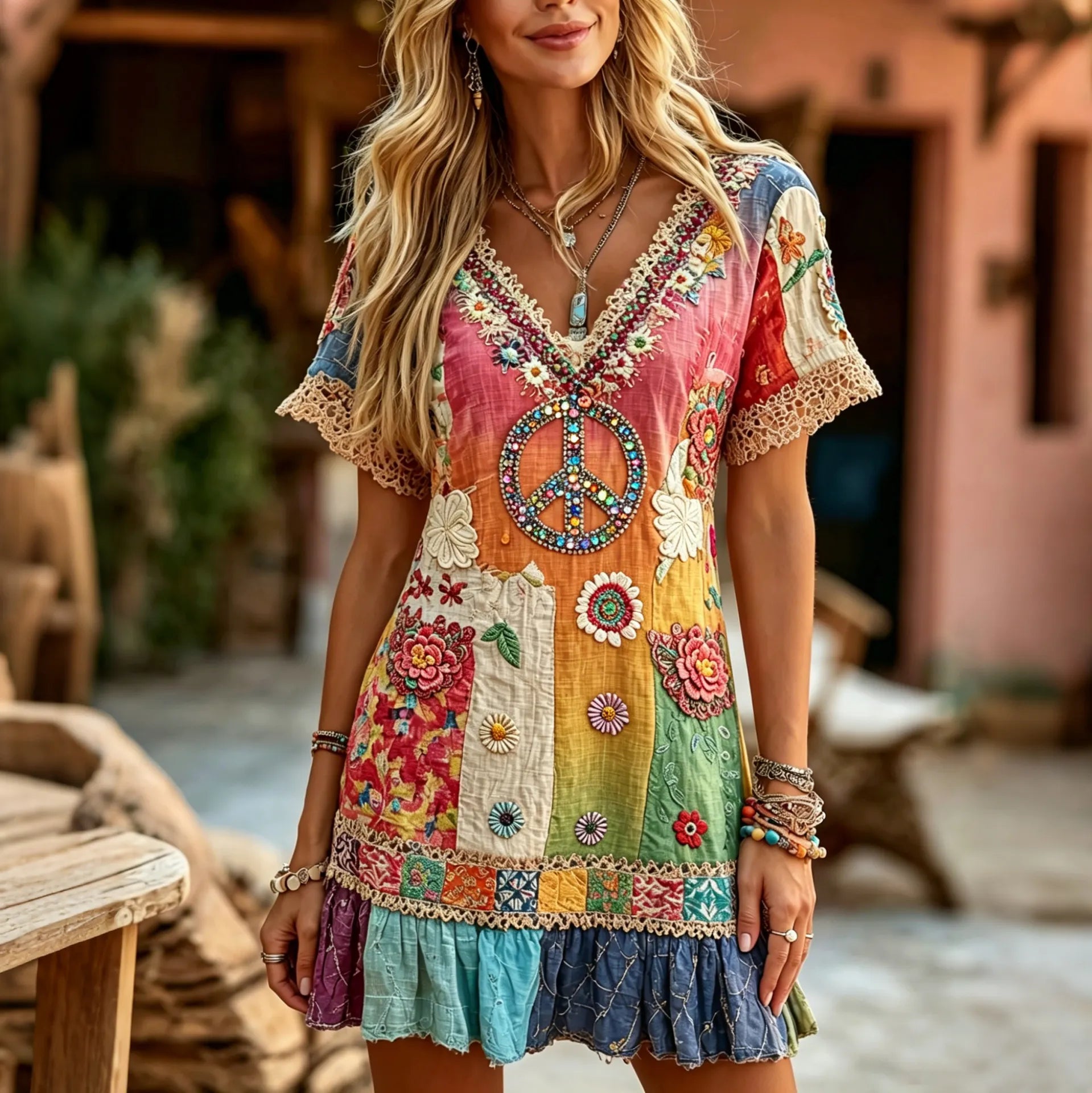 Women's Retro Hippie Floral Patchwork Art V Neck Short Sleeve Linen Blend Midi Dress
