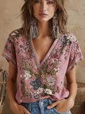 Women's Casual Retro Short-Sleeve Top with Floral Breast Cancer Awareness Print