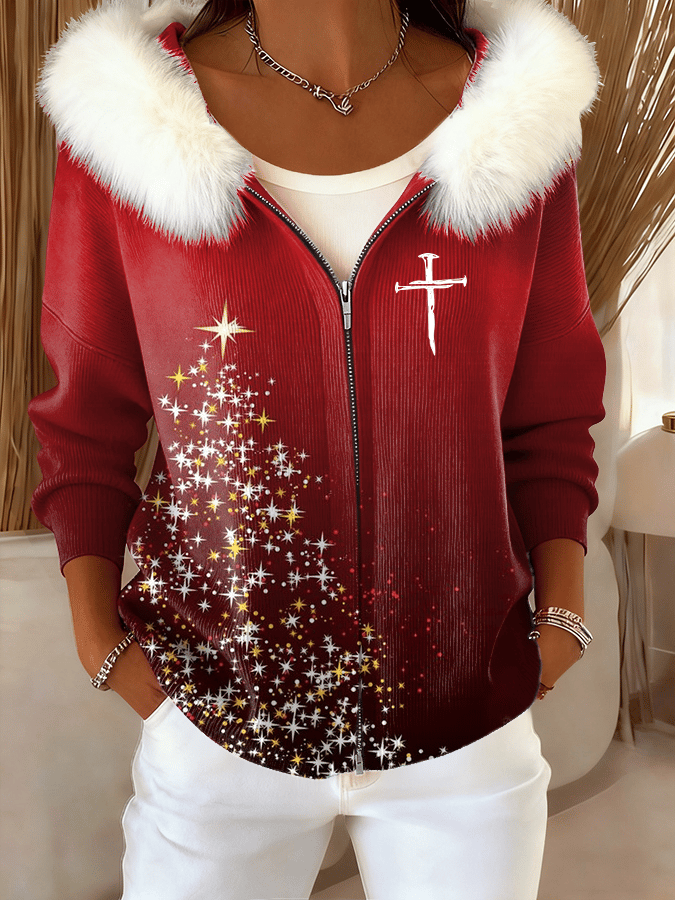 Women's Christmas Faith Plush Zipper Casual Hooded Sweatshirt