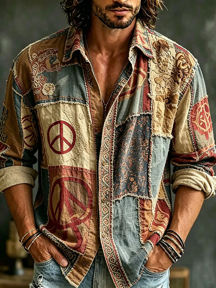 Men's Hippie Vintage Distressed Peace Sign Patchwork Long Sleeve Shirt