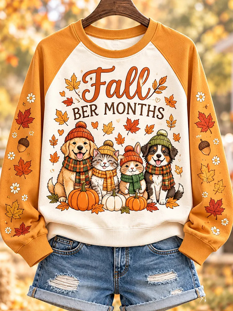 Women's "fall Ber Months" Cute Animals And Pumpkins Graphic Raglan Sweatshirt
