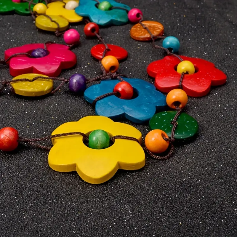 Handmade Boho Multilayer Wooden Multicolor Flower Necklace
