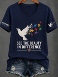 Women'S Casual V-Neck Top With Autism Awareness Print