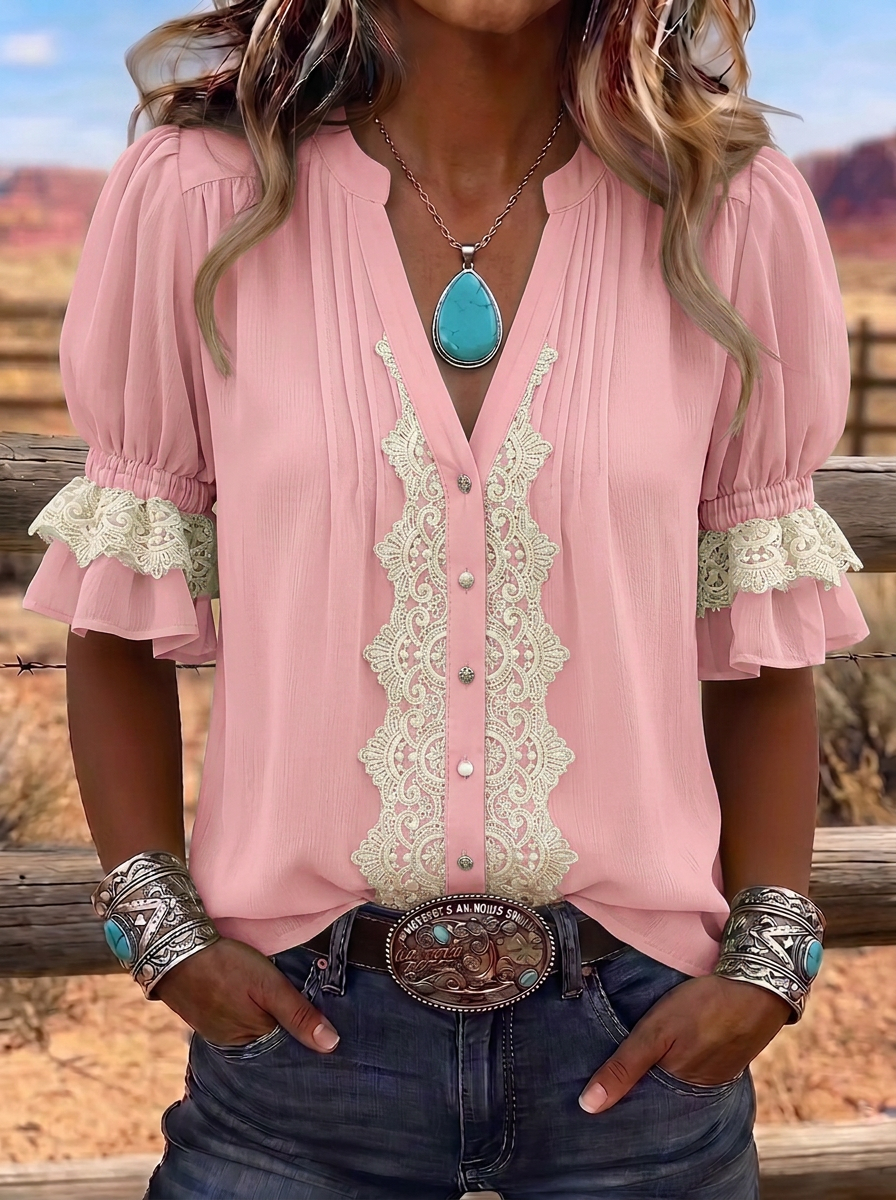 Women's Western Vintage Lace Trim Puff Sleeve Blouse