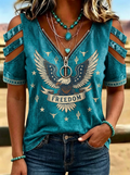 Women's Western Independence Day Eagle Freedom Printed Cold Shoulder T-shirt