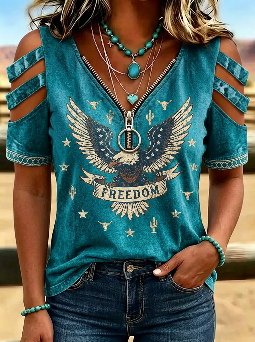 Women's Western Independence Day Eagle Freedom Printed Cold Shoulder T-shirt