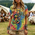 Women's Vintage Hippie Floral And Frog In Patchwork Pattern Art Embroidered T-shirt