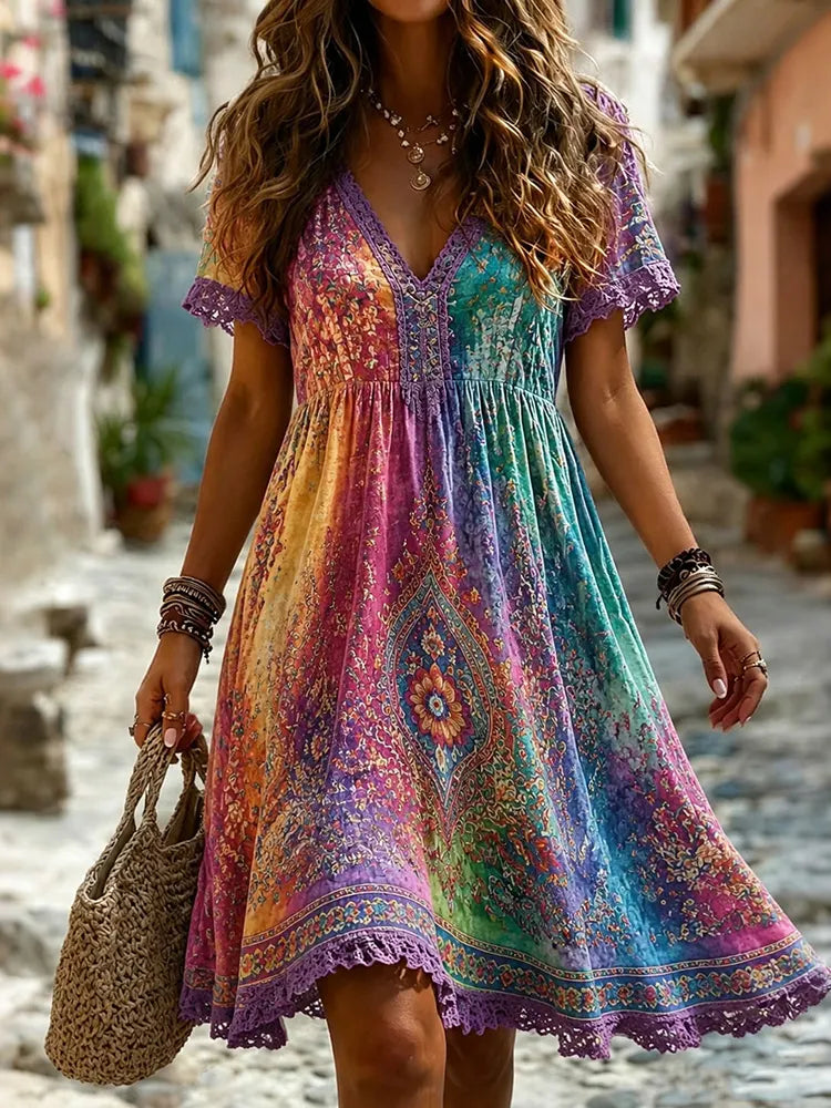 Women's Hippie Art Print Casual Linen Blend Midi Dress