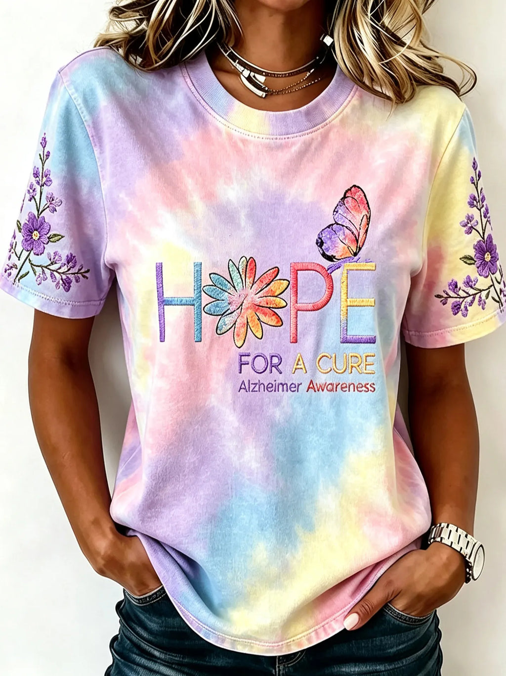 Hope Alzheimer's Disease Floral Embroidery Gradient Pattern Casual T-shirt