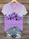 Women's Purple Flower Alzheimer's Awareness Support Print V-Neck Tee