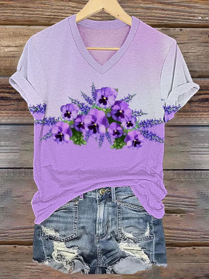 Women's Purple Flower Alzheimer's Awareness Support Print V-Neck Tee