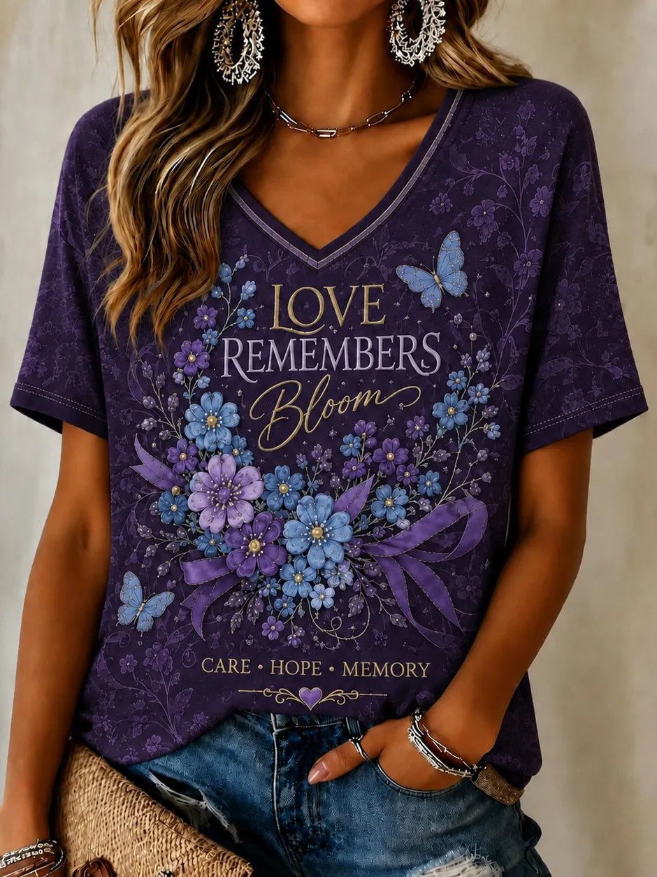 Women's Alzheimer's Awareness Loving Memory Floral Art Printed T-shirt