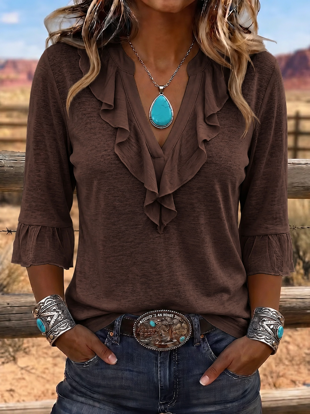 Women'S Casual Western Style V-Neck Ruffled Cotton And Linen Top
