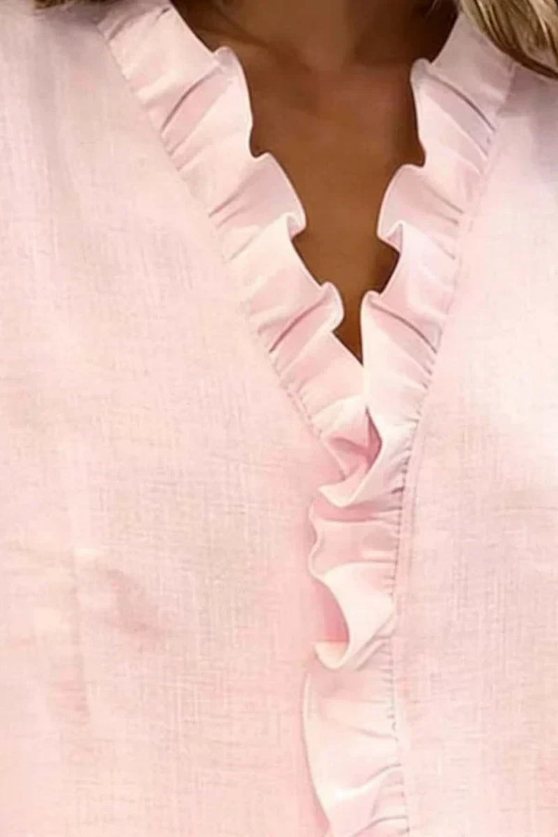 Ruffled V-Neck Long-Sleeved Cotton Shirt