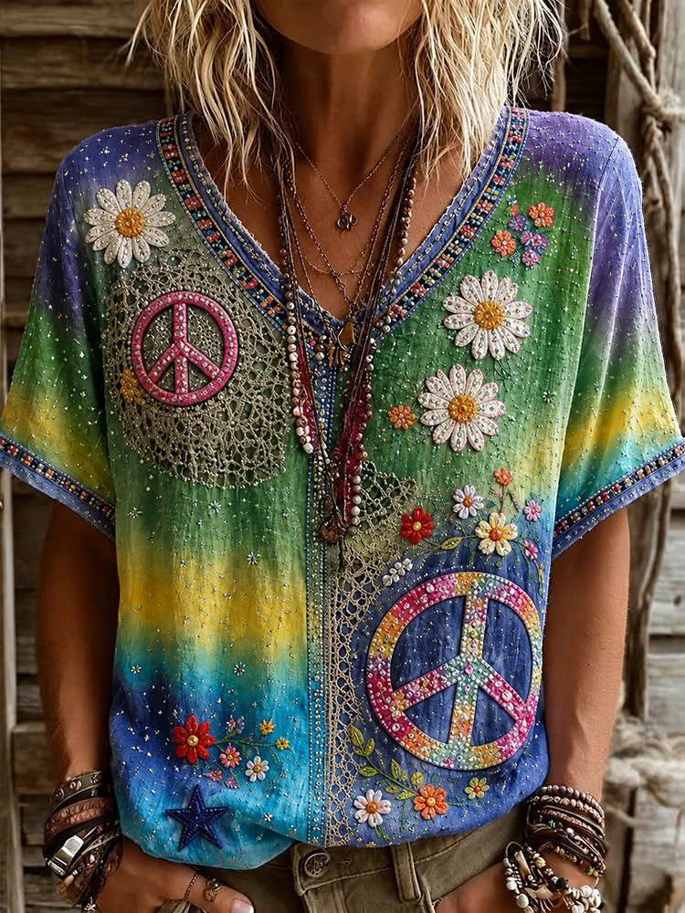 Women's Vintage Hippie Floral Patchwork Art Linen Blend Short Sleeve Tops