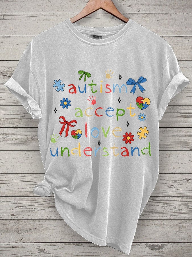 Women's Accept Love Understand Autism Awareness Printed Short-Sleeved T-Shirt