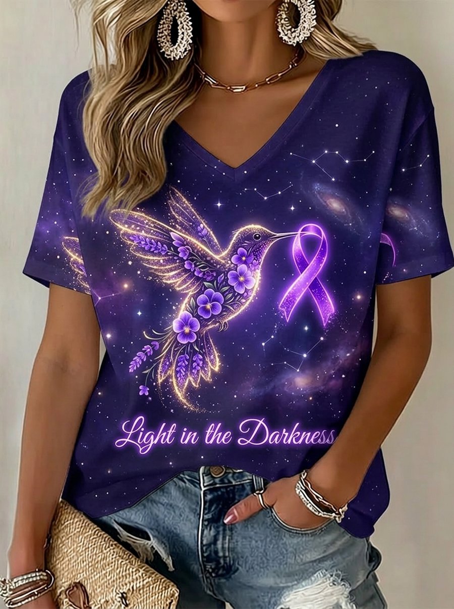 Women's Alzheimer's Awareness Floral Art V-Neck Short-Sleeve T-Shirt