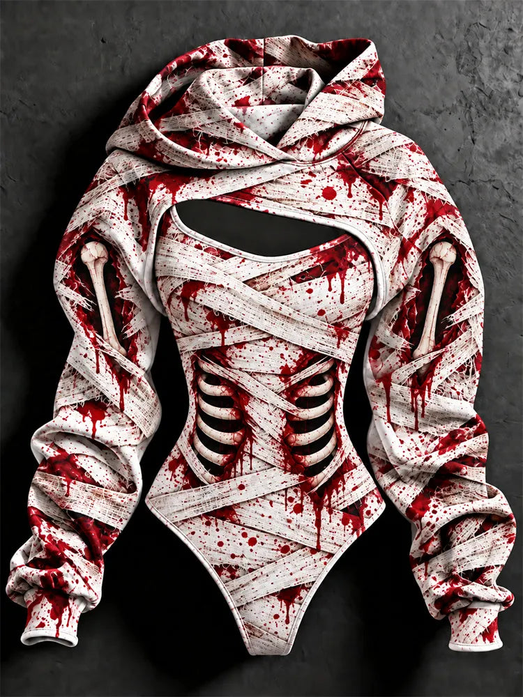Women's Halloween Bloodstain Lace-up Skeleton Print Hoodie Set