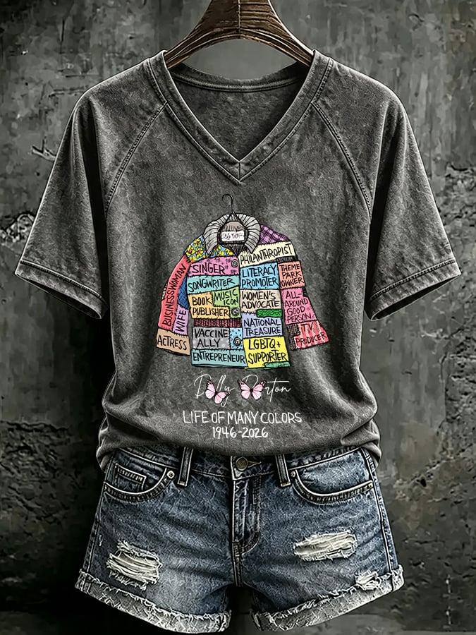 V Neck Retro Coat Of Many Colors Print T-Shirt