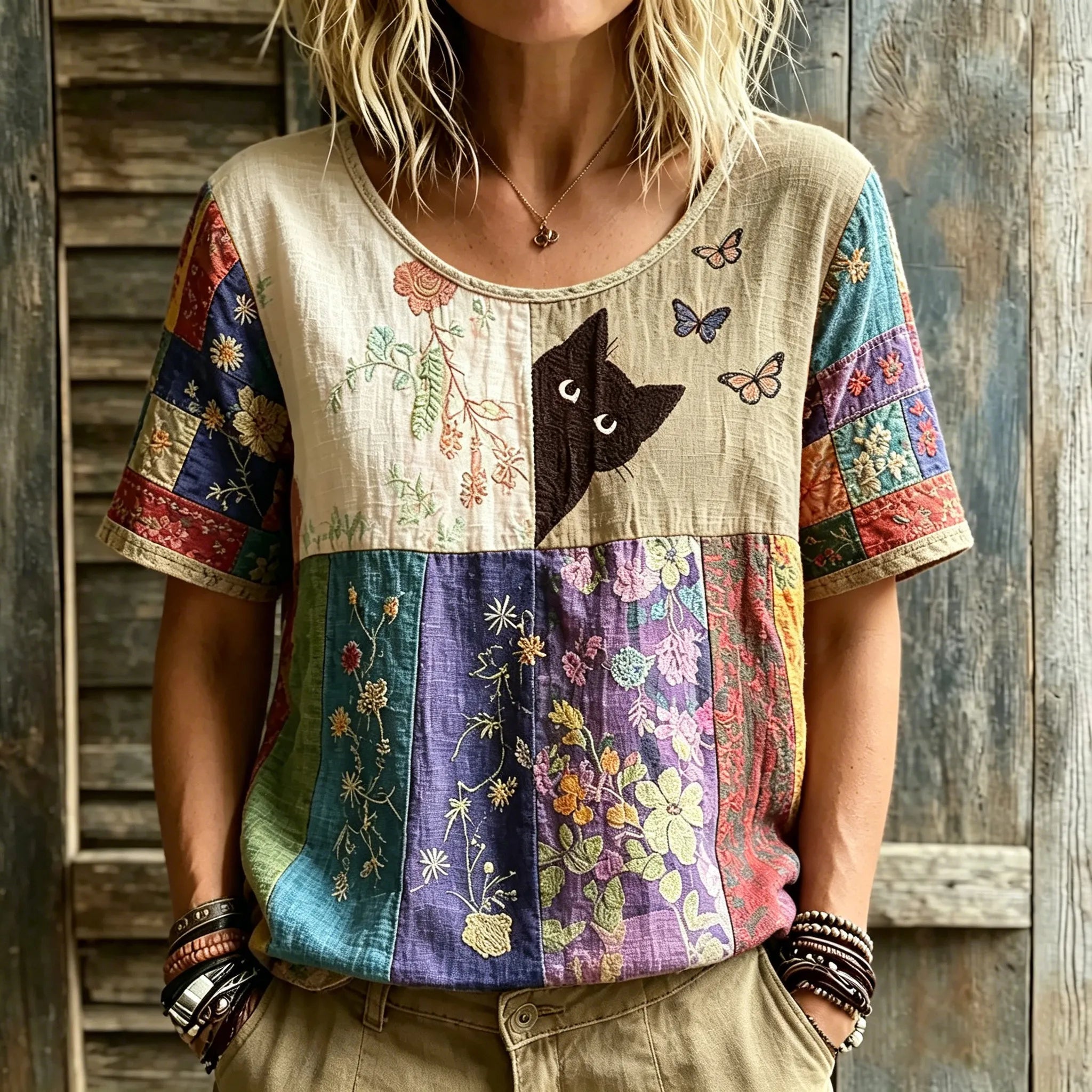 Women's Hippie Black Cat Art Embroidered Linen Blend Round Neck Tshirt