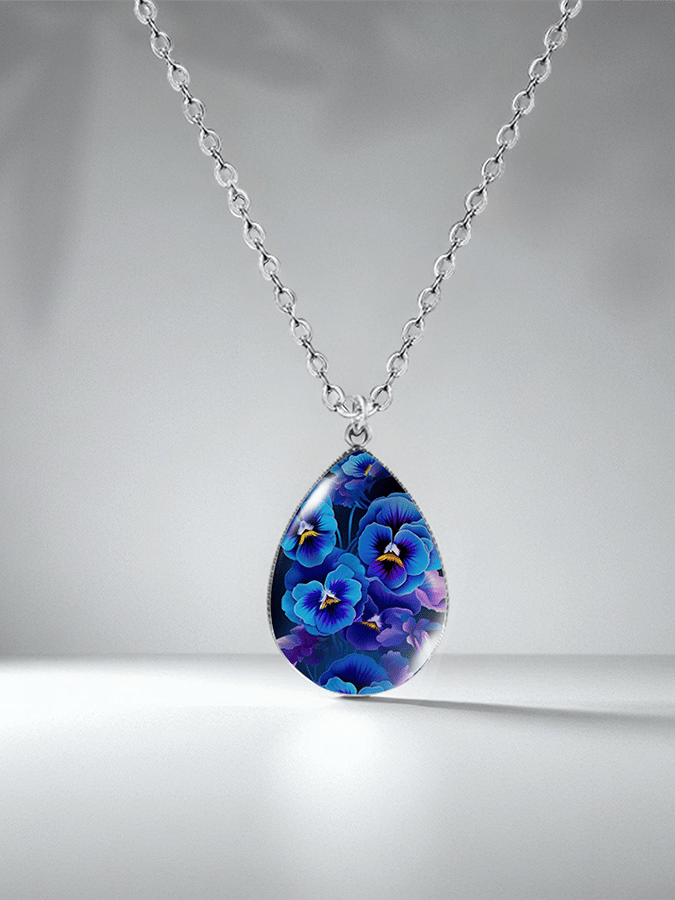 Purple Drop-Shaped Pansy Flower Design Necklace