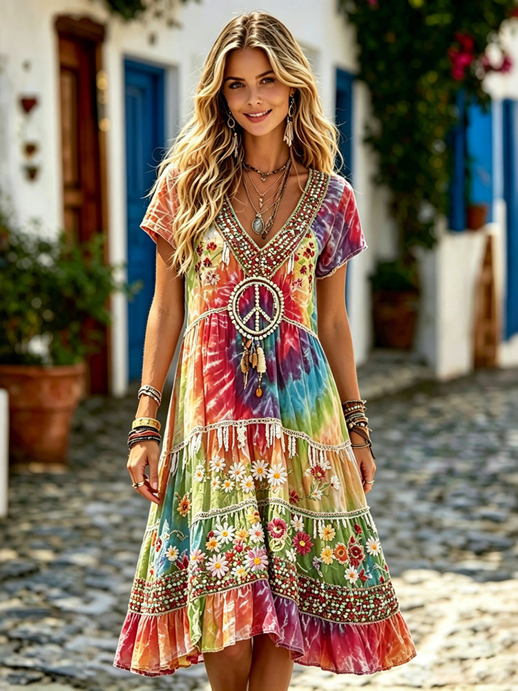Women's Hippie Peace Symbol Gradient Midi Dress