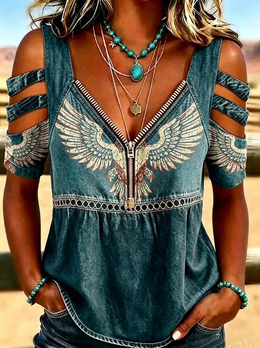 Women's Western 4th of July Eagle Wing Printed Cold Shoulder T-shirt