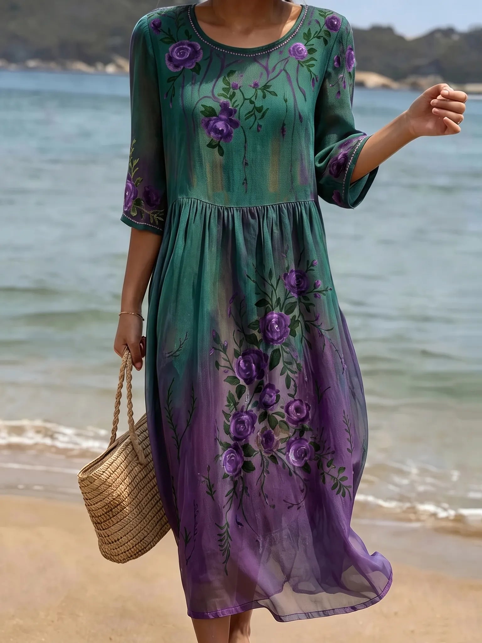 Women's Purple Rose Floral Gradient Pattern Mid-sleeve Casual Dress
