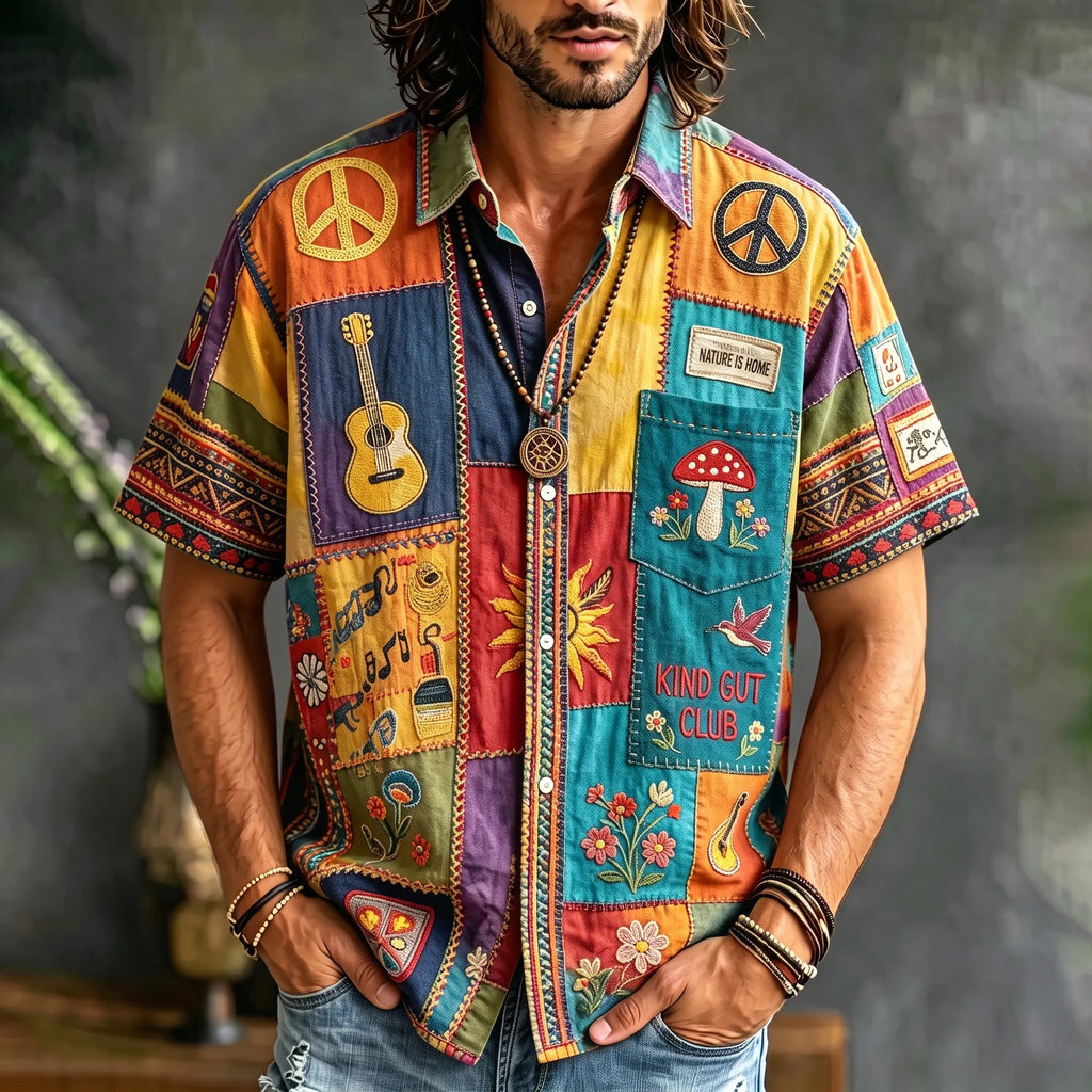 Men's Peace Sign And Guitar Hippie Patchwork Print Casual Shirt