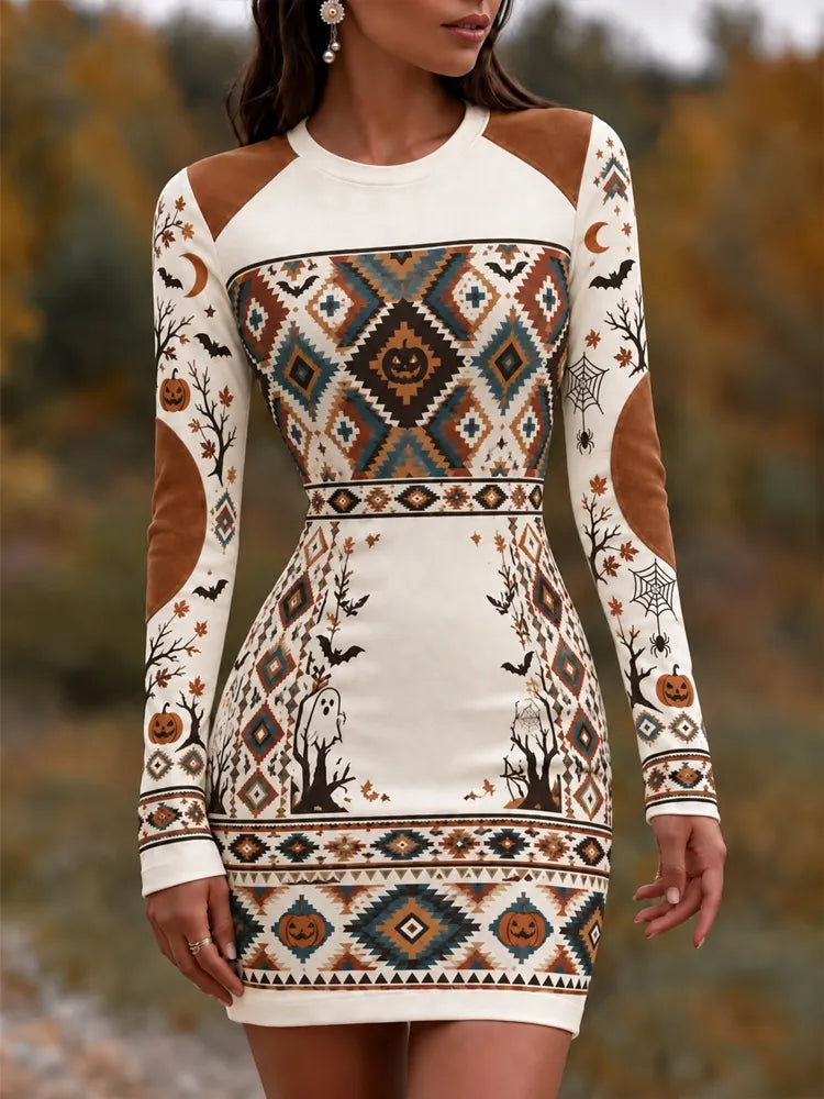 Women's Halloween Pattern Ethnic Totem Print Bodycon Dress