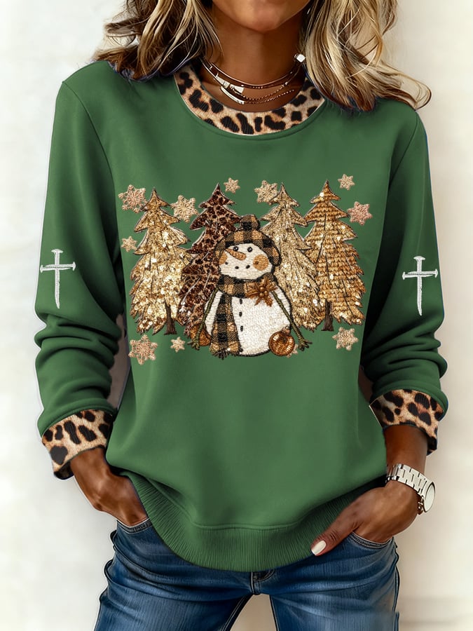 Women's Casual Leopard Print Snowman Sweatshirt