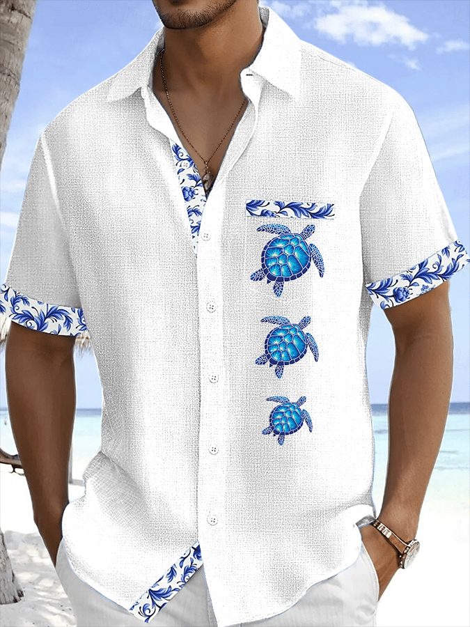 Men's Turtle Printed Casual Vacation Shirt (With Pockets)