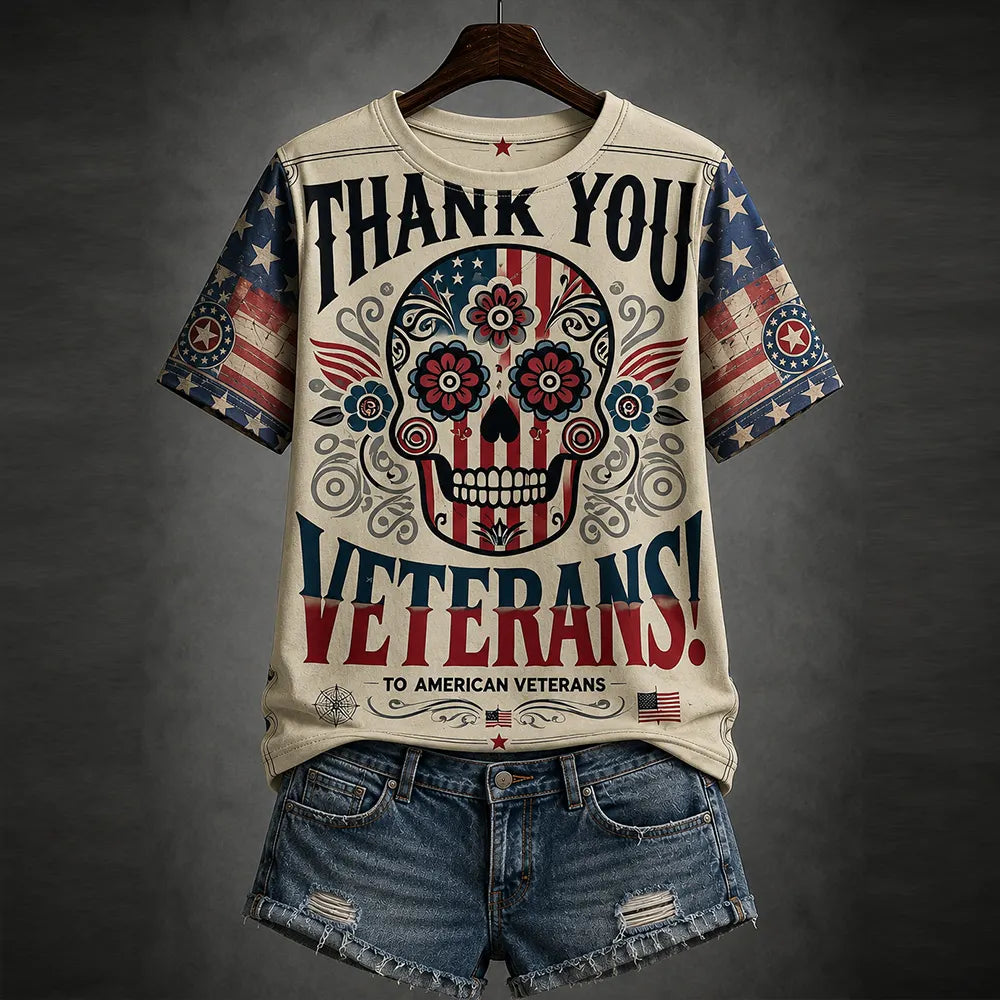 Women's Halloween Art Skull And American Elements Art Print Crew Neck T-shirt