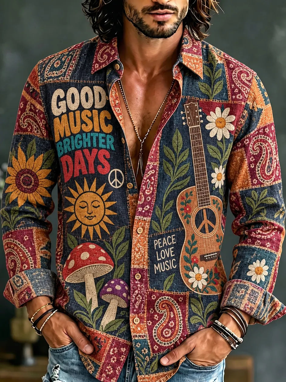 Men's Retro Hippie Art Print Long Sleeve Casual Shirt