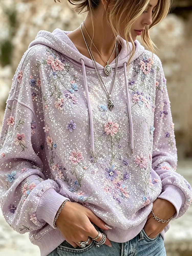 Women's Vintage Boho Floral Sequin Embroidered Hoodie