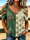 Women's Western Independence Day Cowboy Eagle Printed Zip T-shirt