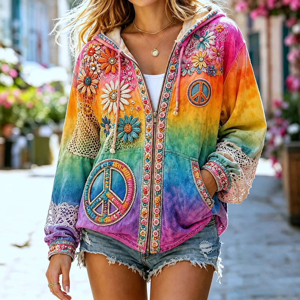 Women's Vintage Hippie Floral Gradient Art Comfy Zipper Hoodie