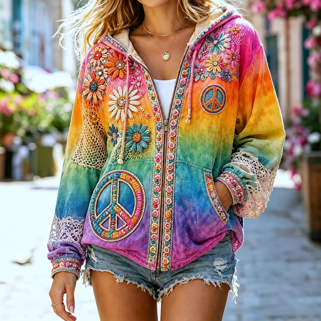 Women's Vintage Hippie Floral Gradient Art Comfy Zipper Hoodie