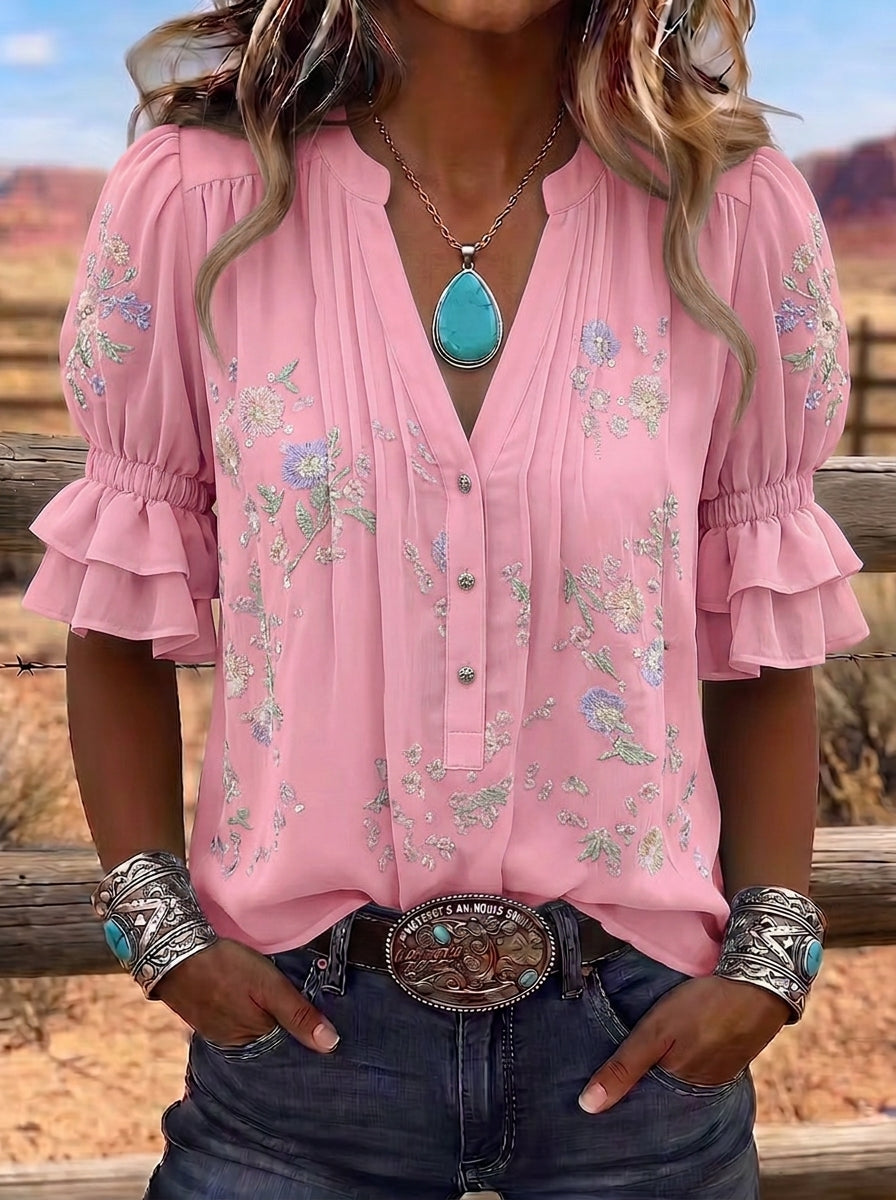 Women's Western Vintage Floral Embroidered Ruffle Sleeve Blouse