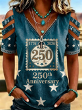 Women's Western 1776-2026 250th Anniversary Star Print Cold Shoulder T-shirt
