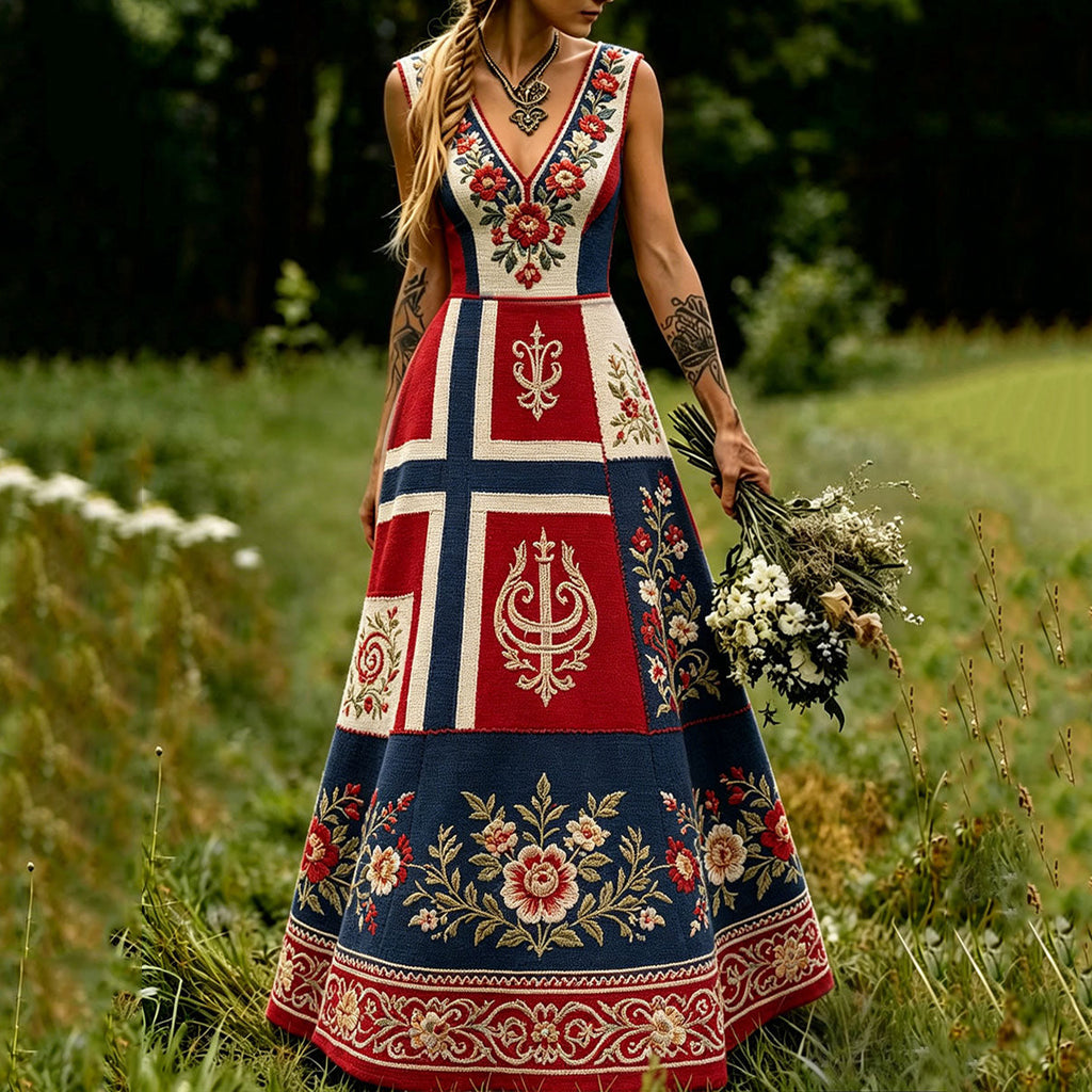 Women's Retro Cotton Linen Viking Ethnic Print Dress