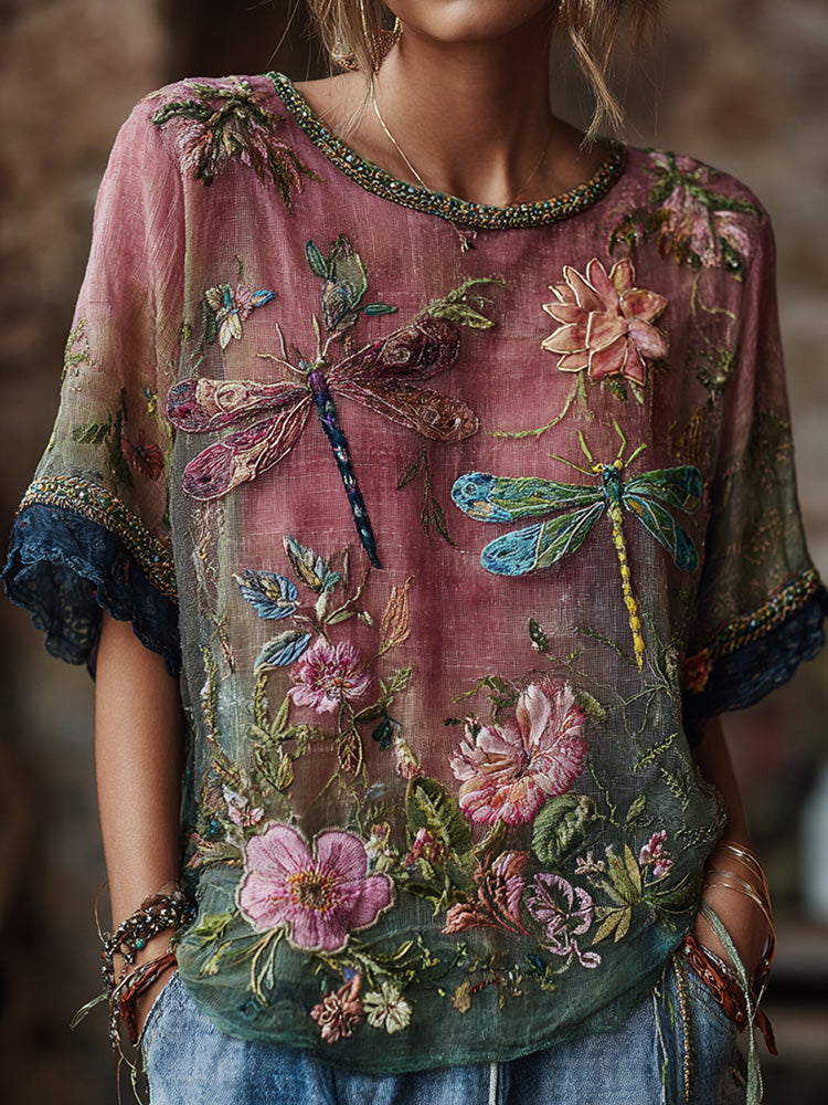 Women's Vintage Dragonfly And Floral Art Print Crew Neck Linen Blend Short Sleeve Tops