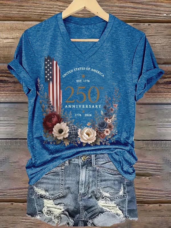 250th Anniversary 1776-2026 Pattern Print V Neck Casual T-Shirt