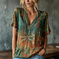 Women's Vintage Hippie Floral And Dragonfly Pattern Art Embroidered Linen Blend Short Sleeve Tops