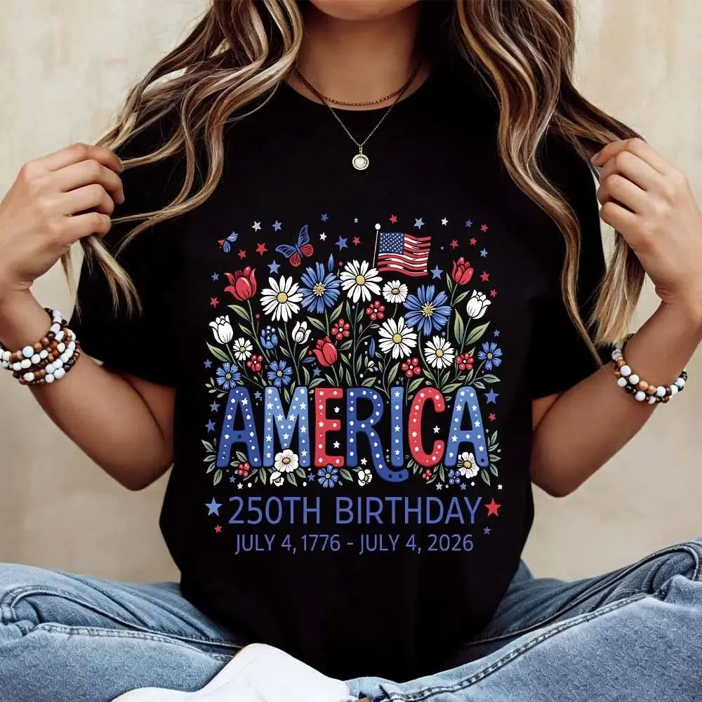 Floral America 250th Birthday July 4 1776 100% Cotton T-Shirt