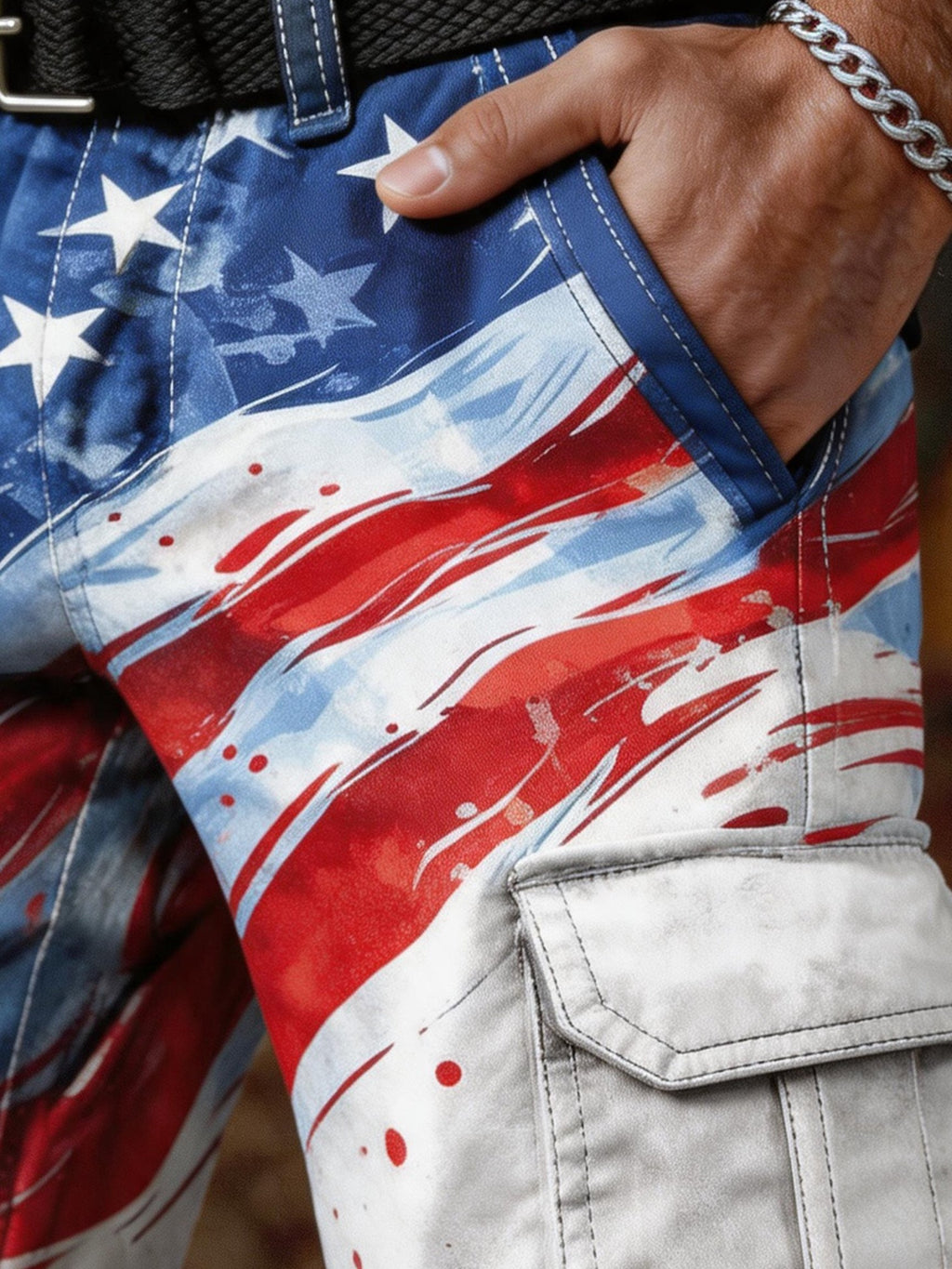 Men's Retro Color-Block Distressed Patriotic Cargo Shorts with Pockets (Belt Not Included)