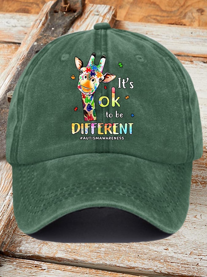 Retro Autism Awareness Giraffe It's Ok To Be Different Print Baseball Cap
