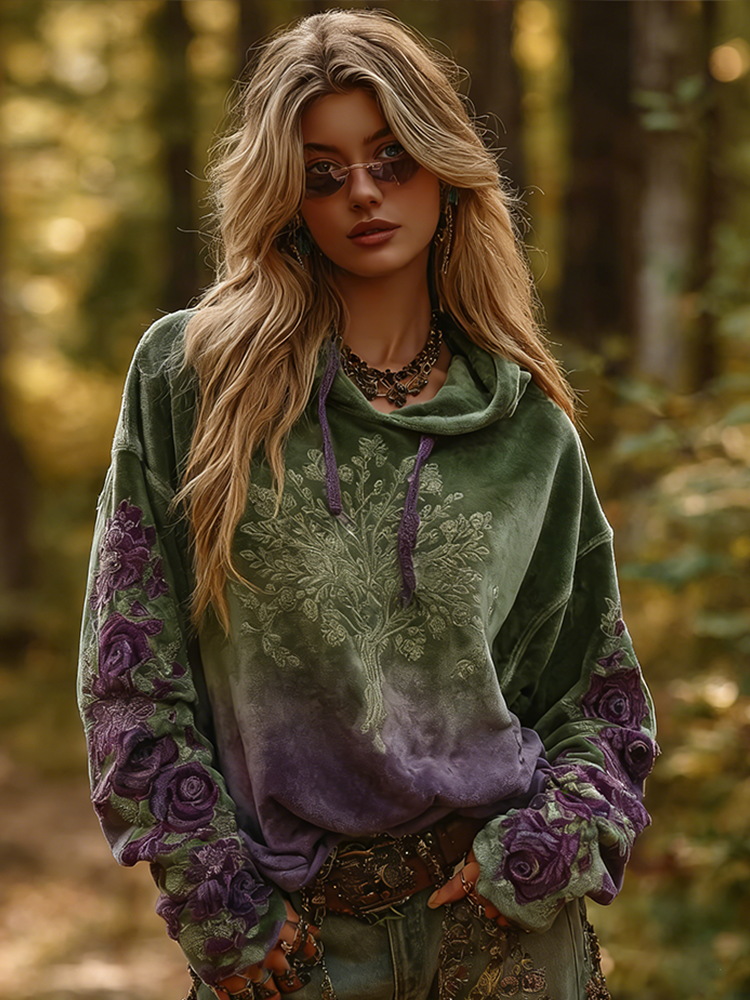 Retro Bohemian Style Plant Flower Pattern Gradient Women's Flannel Sweatshirt