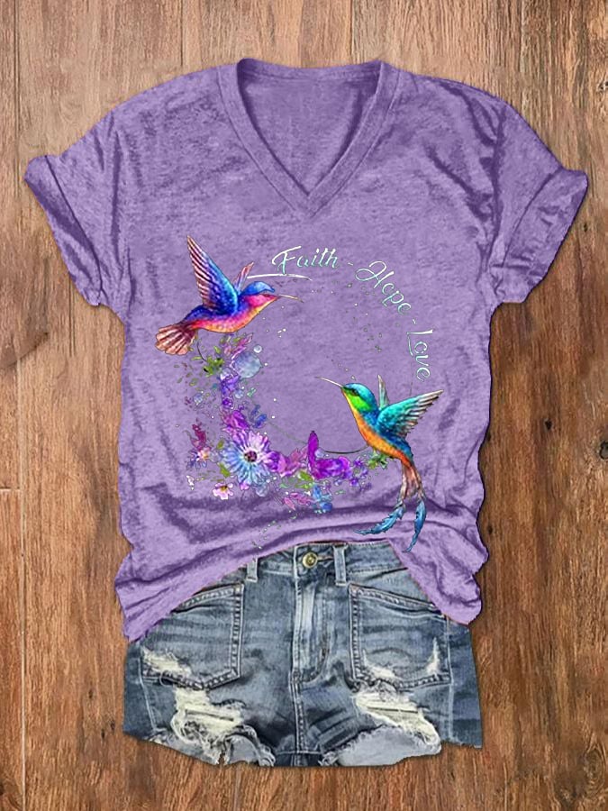 Women's Faith Hope Love Hummingbird Alzheimer's Awareness Printed V-Neck Tee